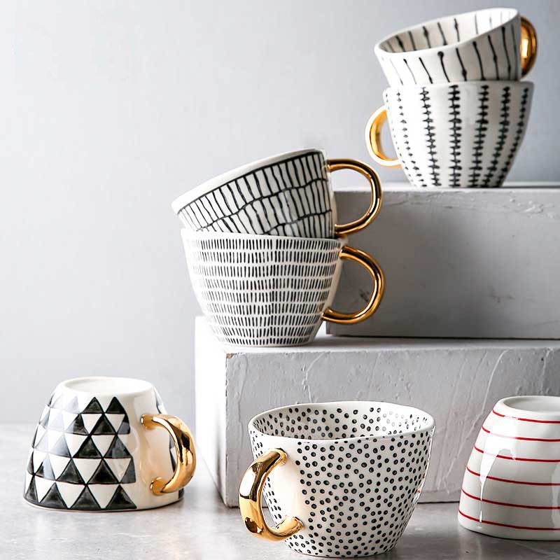 Hand Painted Geometric Ceramic Mugs With Gold Handle Handmade Irregular Cups For Coffee Tea Milk