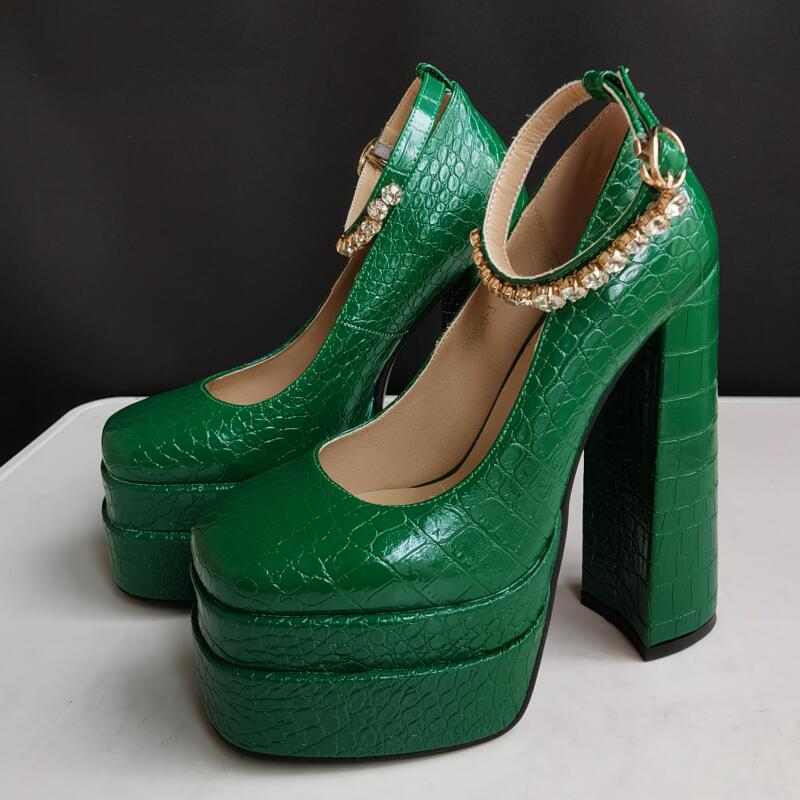 Sexy Crocodile Pattern Pumps Platform Thick High Heel Rhinestone Party Women's Shoes Black Green Spring Summer image 31