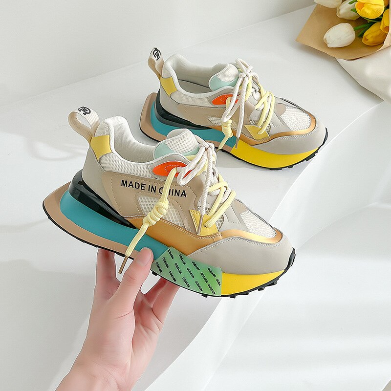 Womens Genuine Leather Sneakers Lace Up Rainbow Colors Platform Pearls Chain Decor Girls Shoes Korean Styles image 5