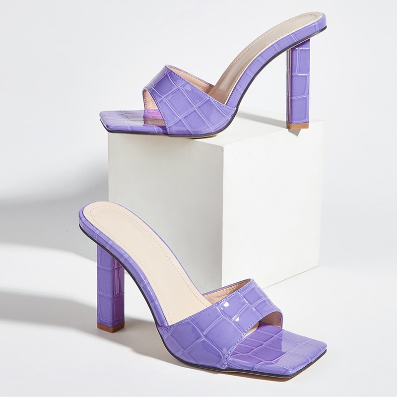 Elegant Purple High Heels Slippers For Women Ladies Snake Print Leather Square Toe Sandals Summer Party Shoes Slides