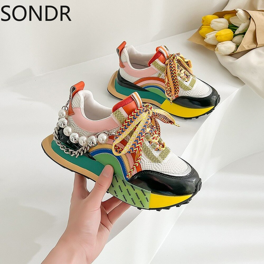 Womens Genuine Leather Sneakers Lace Up Rainbow Colors Platform Pearls Chain Decor Girls Shoes Korean Styles