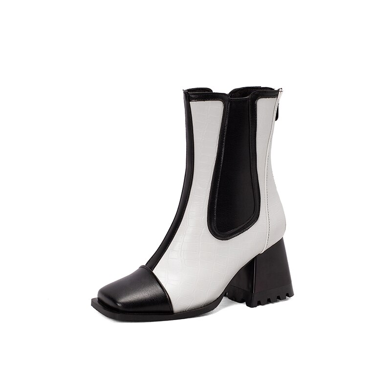 Conical Thick Heel Flat Square Toe Chelsea Boots Stone Pattern Striped Color Matching Plush Inner Zipper Women's Shoes image 12