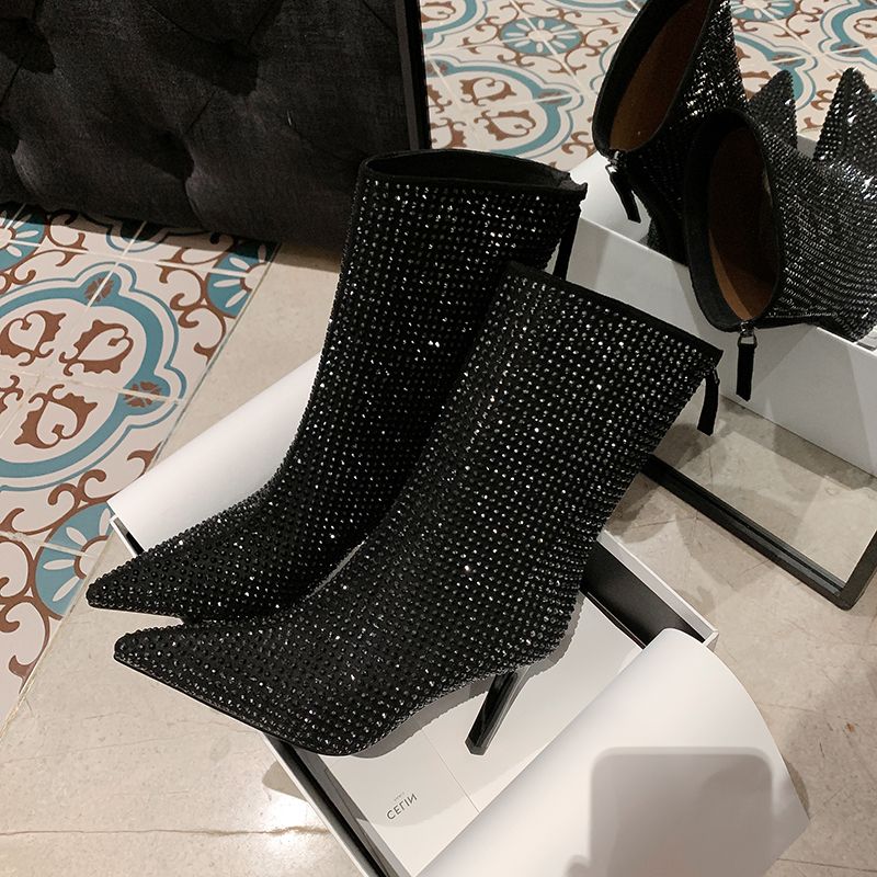 Women's Rhinestone High Heel Booties Fall Pointed Toe Mid Boots 8.5cm High Heel Black Rhinestone Side Zipper Boots Size 39 image 28
