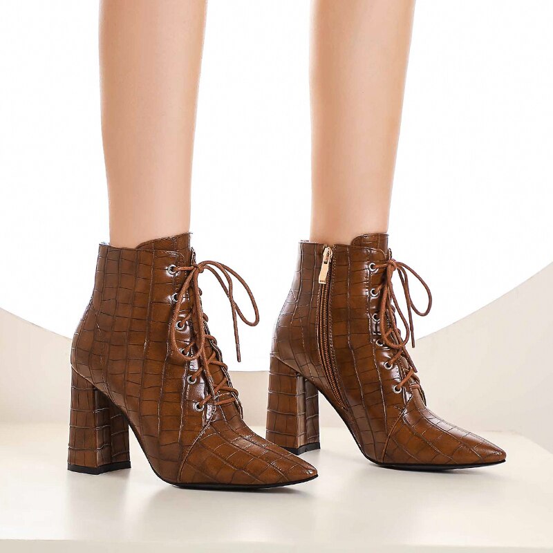 Cross Lace Super Thick Heel Pointed Stone Pattern Martin Boots Warm Plush Inner Sexy Street Women's Ankle Boots image 34