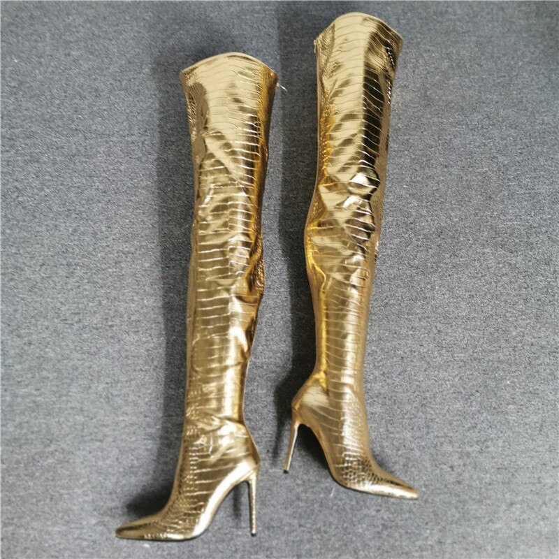 Women's Thigh High Boots Golden High Heel Demonia Boots Pointed Stiletto Crocodile Print Sexy Female Shoe image 18