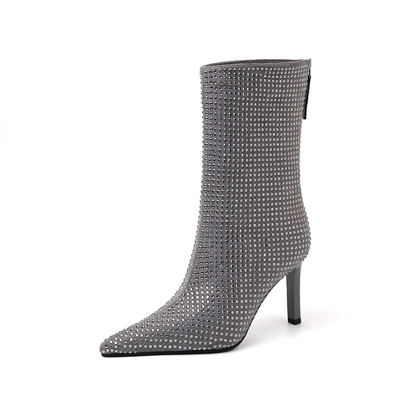 Women's Rhinestone High Heel Booties Fall Pointed Toe Mid Boots 8.5cm High Heel Black Rhinestone Side Zipper Boots Size 39 image 11