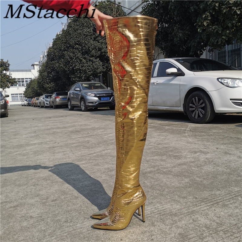 Women's Thigh High Boots Golden High Heel Demonia Boots Pointed Stiletto Crocodile Print Sexy Female Shoe