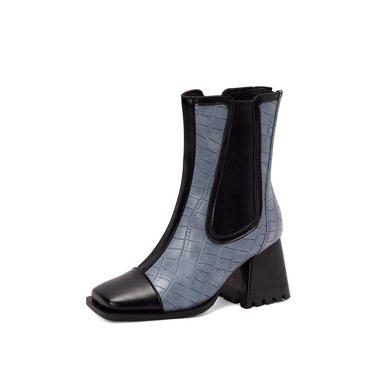 Conical Thick Heel Flat Square Toe Chelsea Boots Stone Pattern Striped Color Matching Plush Inner Zipper Women's Shoes image 44