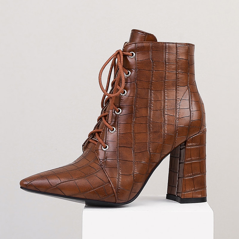 Cross Lace Super Thick Heel Pointed Stone Pattern Martin Boots Warm Plush Inner Sexy Street Women's Ankle Boots