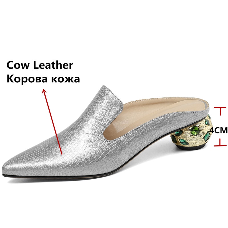 Women Thick Heels Arrival Rhinestone Pointed Toe Genuine Leather Slippers Mules Summer Crystal Sandals Shoes Woman image 20
