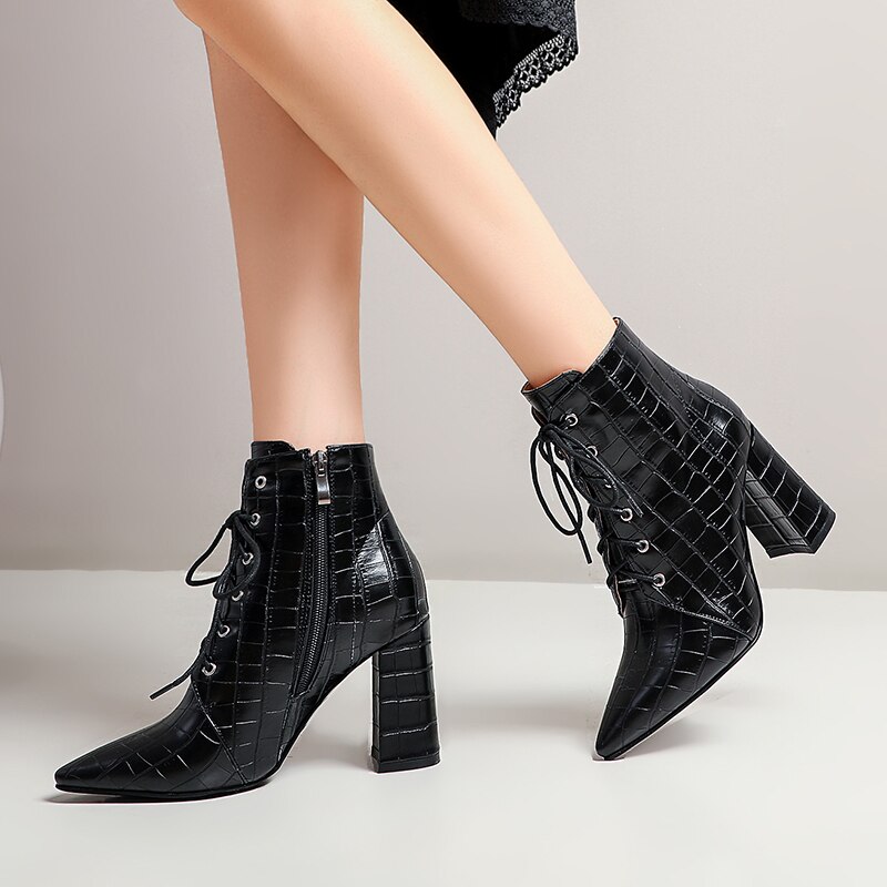 Cross Lace Super Thick Heel Pointed Stone Pattern Martin Boots Warm Plush Inner Sexy Street Women's Ankle Boots image 33