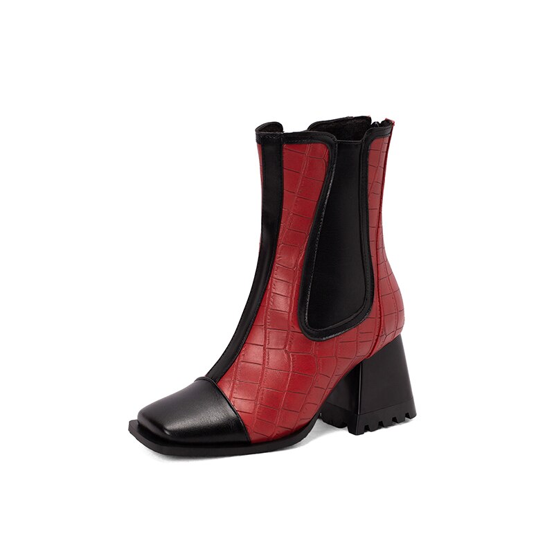 Conical Thick Heel Flat Square Toe Chelsea Boots Stone Pattern Striped Color Matching Plush Inner Zipper Women's Shoes image 17