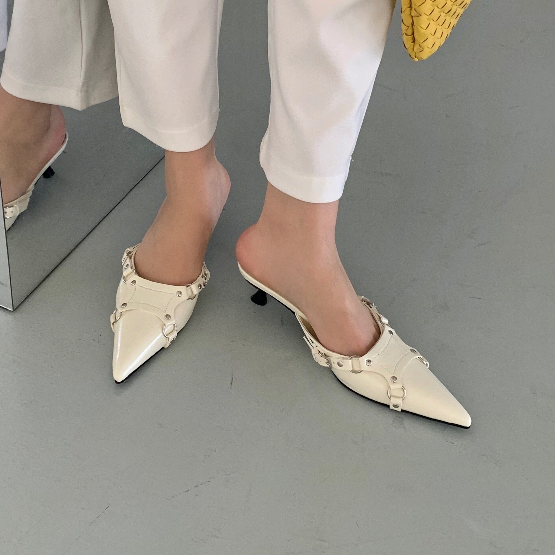 Rivet High-Heeled Shoes Lady Woman's Slippers Slides Pointed Toe Low Cover Rome Basic PU Fabric image 44
