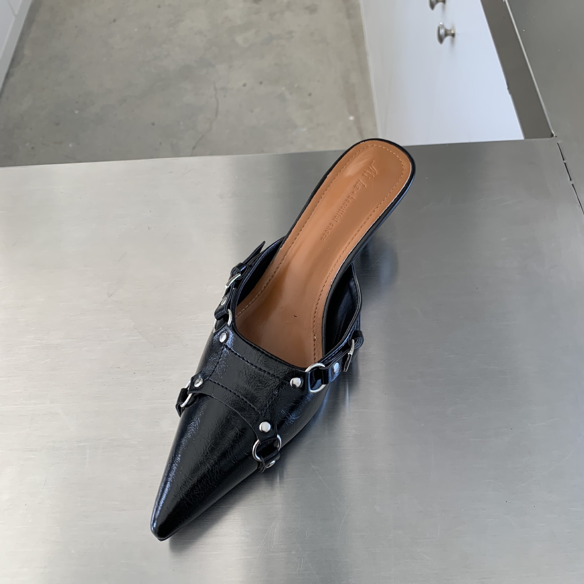 Rivet High-Heeled Shoes Lady Woman's Slippers Slides Pointed Toe Low Cover Rome Basic PU Fabric image 32