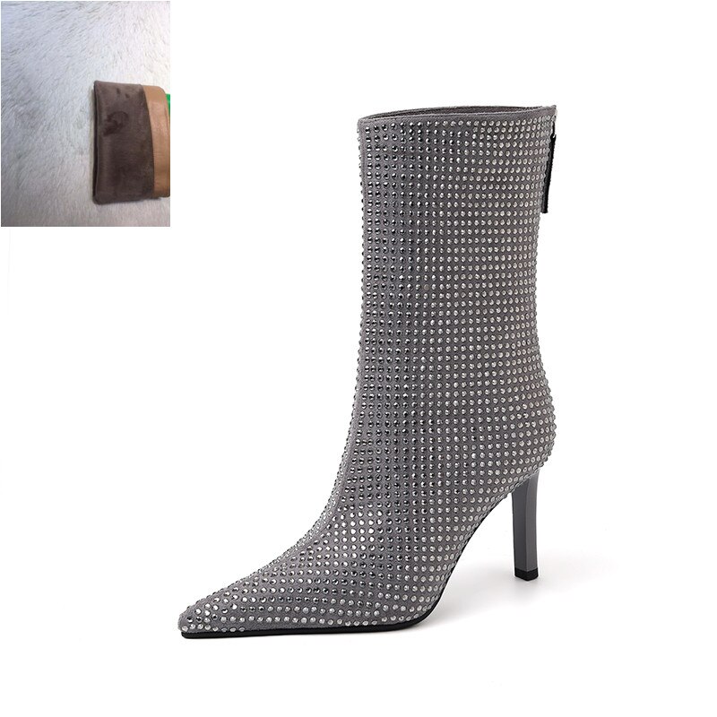 Women's Rhinestone High Heel Booties Fall Pointed Toe Mid Boots 8.5cm High Heel Black Rhinestone Side Zipper Boots Size 39 image 7