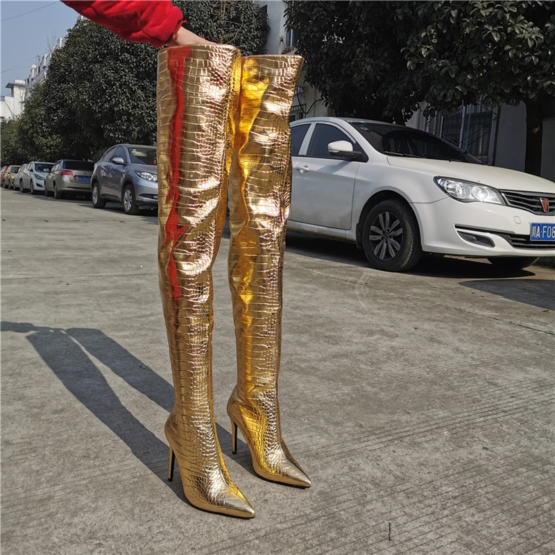 Women's Thigh High Boots Golden High Heel Demonia Boots Pointed Stiletto Crocodile Print Sexy Female Shoe image 16