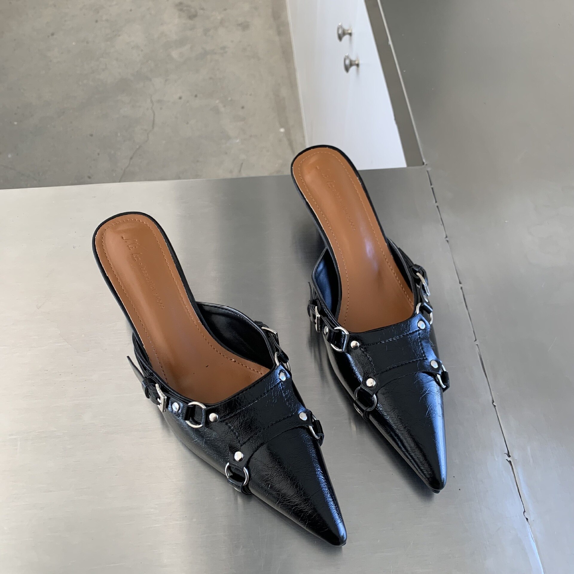 Rivet High-Heeled Shoes Lady Woman's Slippers Slides Pointed Toe Low Cover Rome Basic PU Fabric image 42