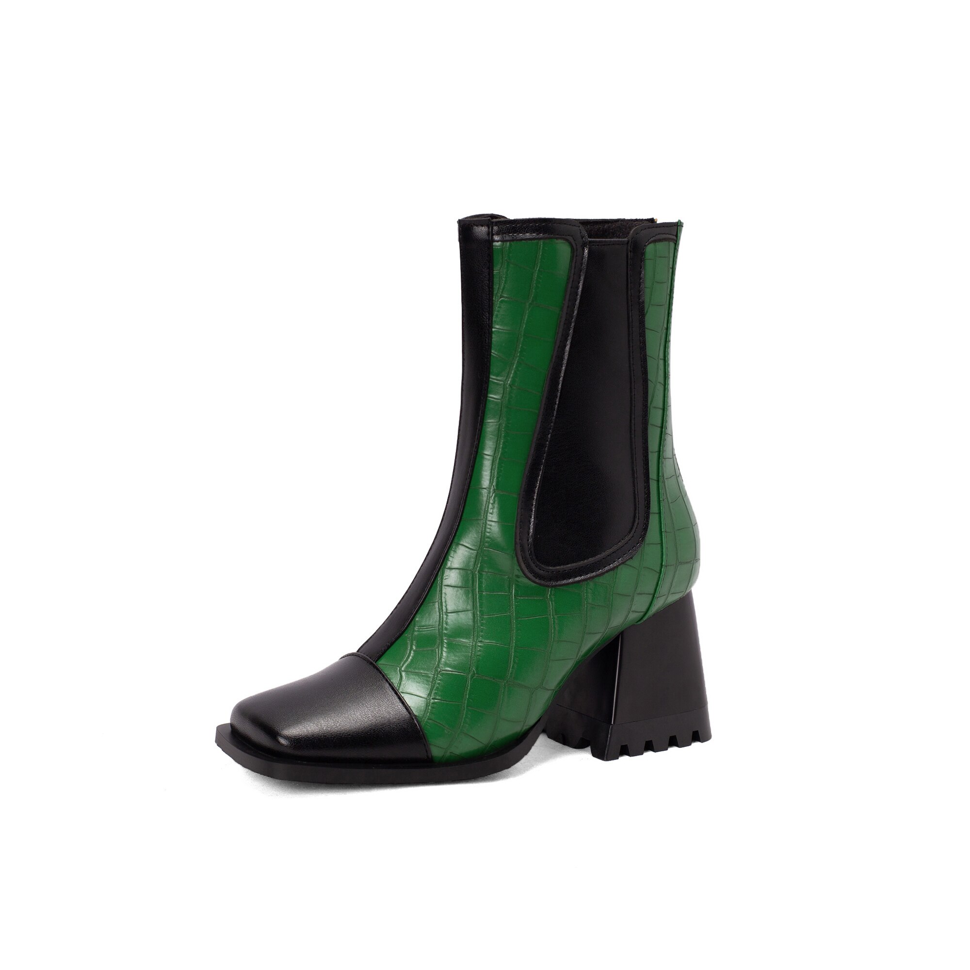 Conical Thick Heel Flat Square Toe Chelsea Boots Stone Pattern Striped Color Matching Plush Inner Zipper Women's Shoes image 34
