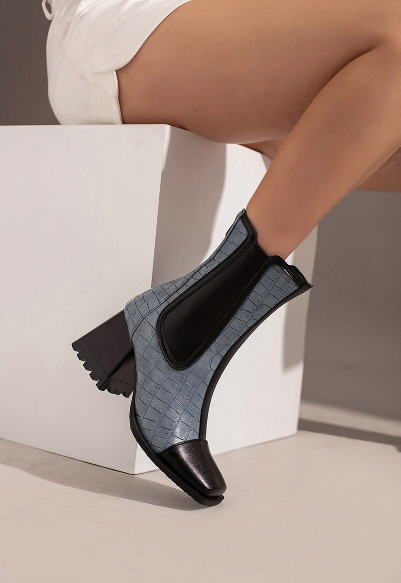 Conical Thick Heel Flat Square Toe Chelsea Boots Stone Pattern Striped Color Matching Plush Inner Zipper Women's Shoes