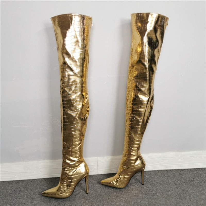 Women's Thigh High Boots Golden High Heel Demonia Boots Pointed Stiletto Crocodile Print Sexy Female Shoe image 3