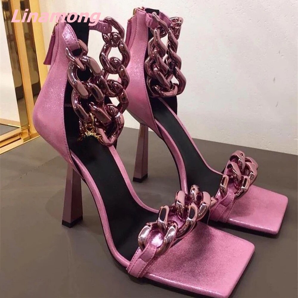 Summer Metal Chain Women Sandals Cover Heel Square Toe Genuine Leather Solid Novelty Casual Women Party Shoes image 13