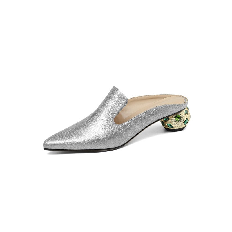 Women Thick Heels Arrival Rhinestone Pointed Toe Genuine Leather Slippers Mules Summer Crystal Sandals Shoes Woman image 4
