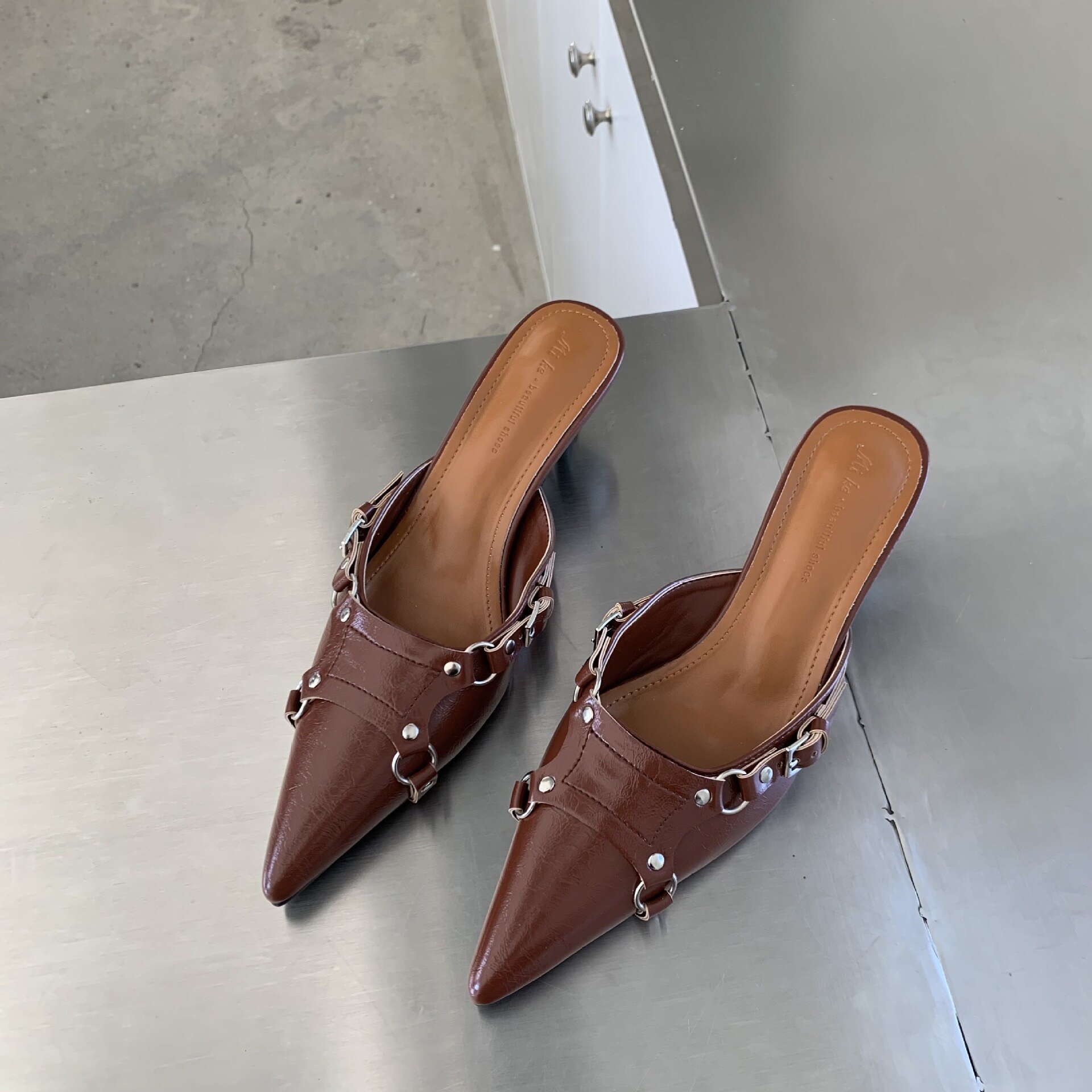 Rivet High-Heeled Shoes Lady Woman's Slippers Slides Pointed Toe Low Cover Rome Basic PU Fabric image 37