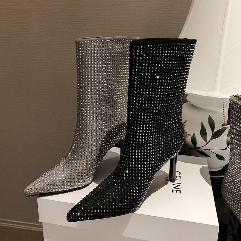 Women's Rhinestone High Heel Booties Fall Pointed Toe Mid Boots 8.5cm High Heel Black Rhinestone Side Zipper Boots Size 39 image 29
