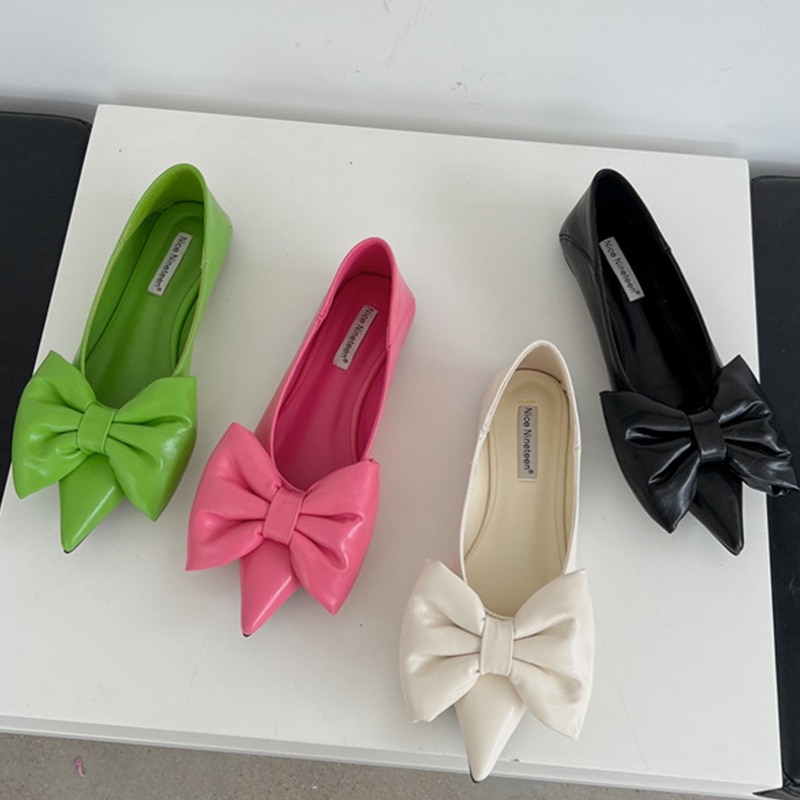 Flat Shoes Bow Temperament Beautiful Color Pointed Shoes Women's Low Top Pump