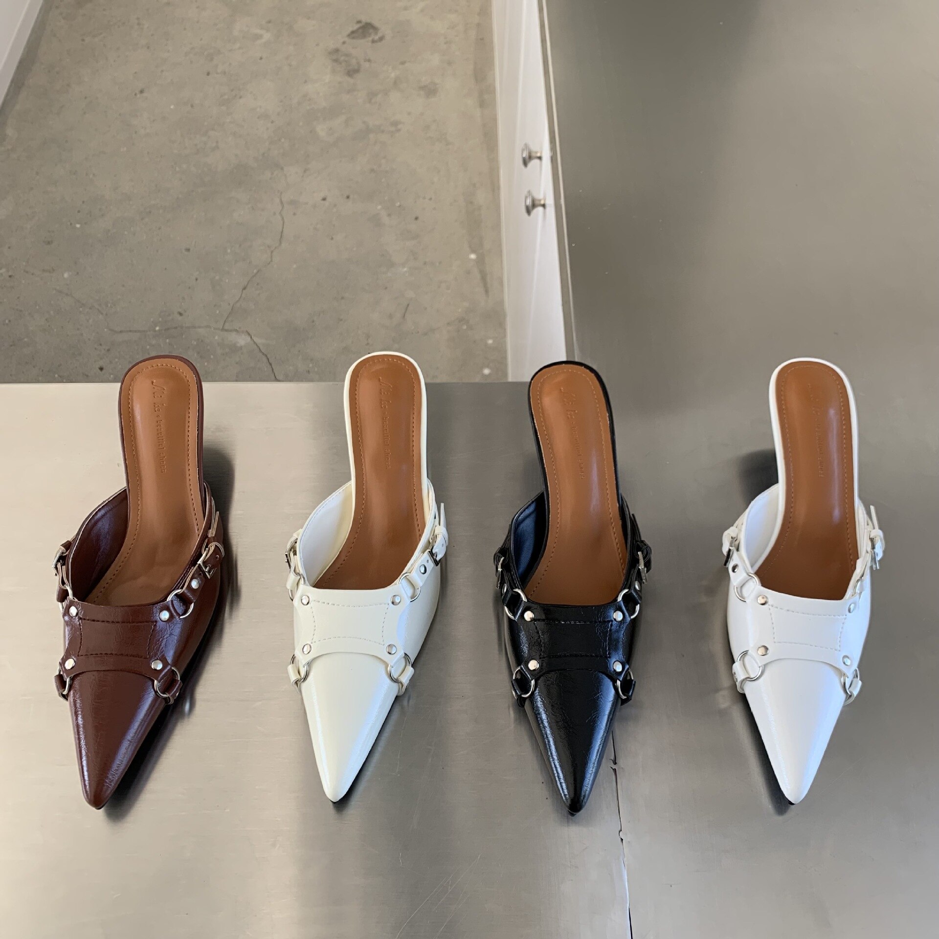 Rivet High-Heeled Shoes Lady Woman's Slippers Slides Pointed Toe Low Cover Rome Basic PU Fabric image 45