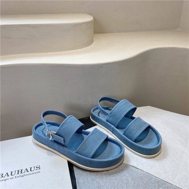 Womens Peep Toe Platform Denim Jeans Sandals Gladiator Summer Beach Shoes Girls Roman image 12