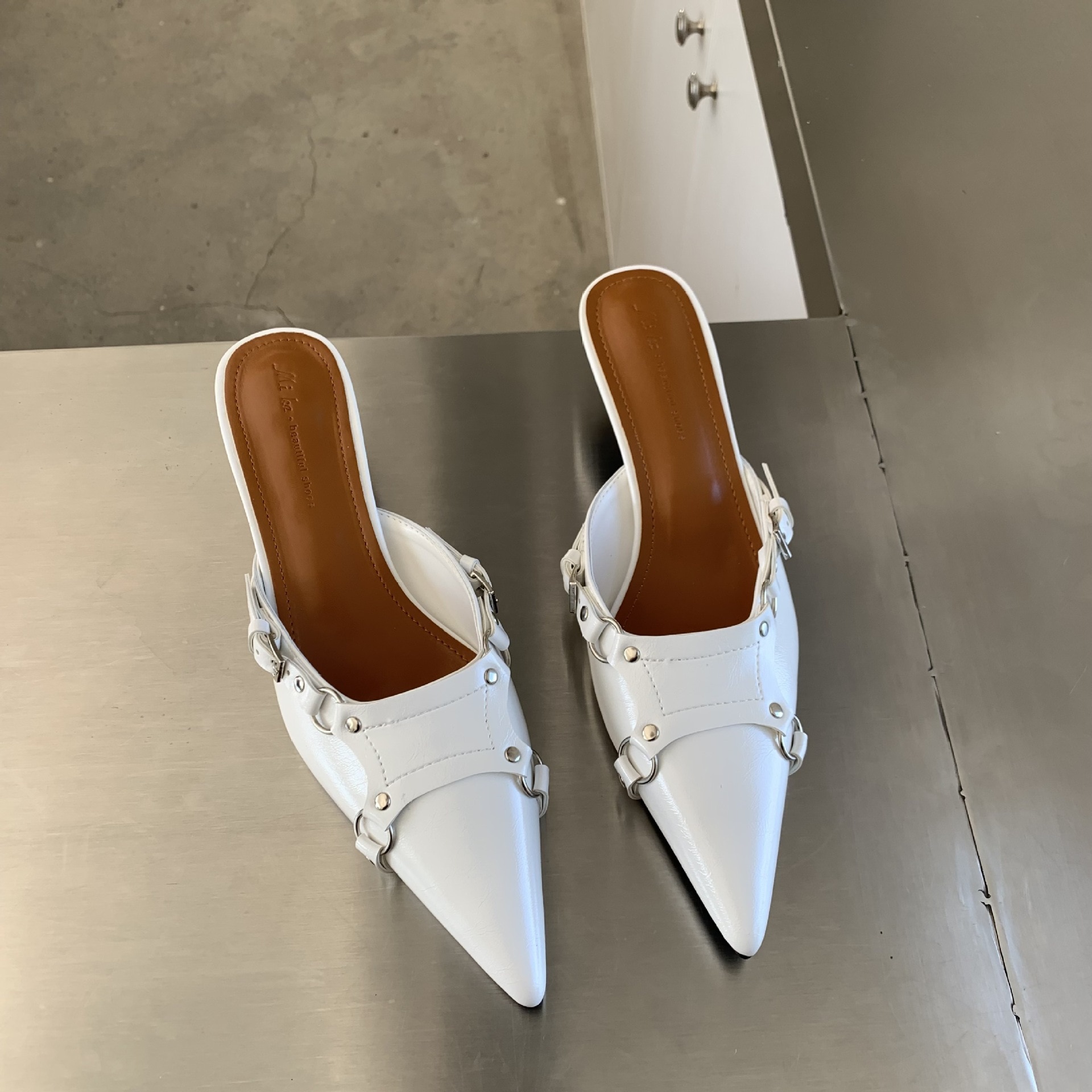 Rivet High-Heeled Shoes Lady Woman's Slippers Slides Pointed Toe Low Cover Rome Basic PU Fabric image 27