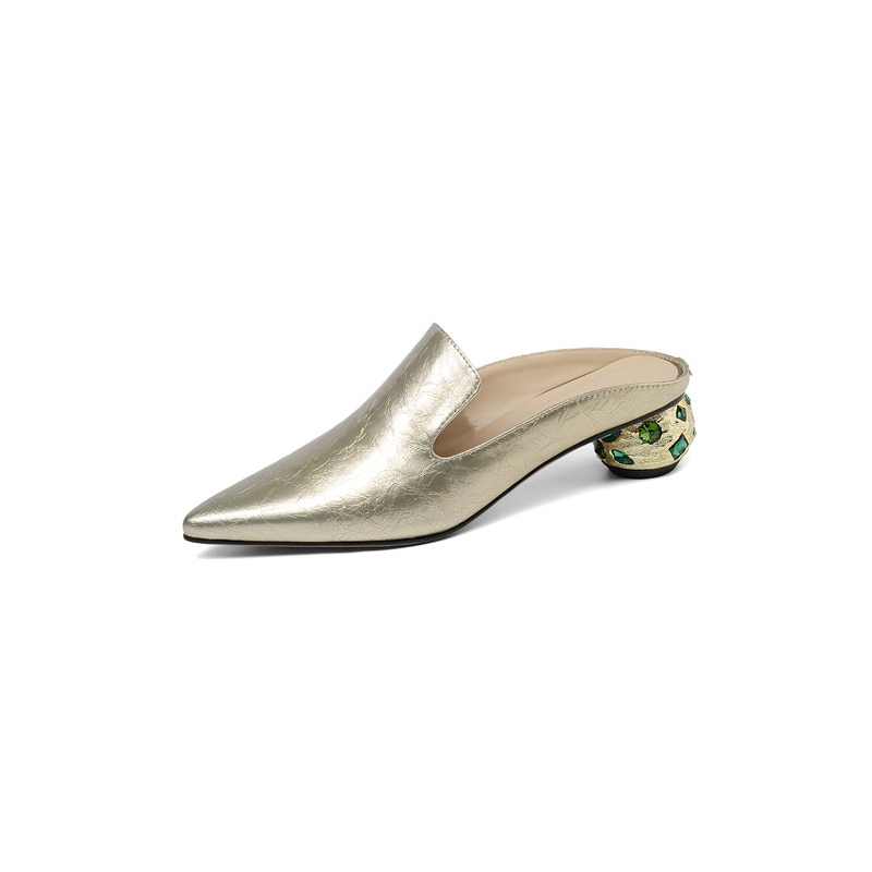 Women Thick Heels Arrival Rhinestone Pointed Toe Genuine Leather Slippers Mules Summer Crystal Sandals Shoes Woman image 11