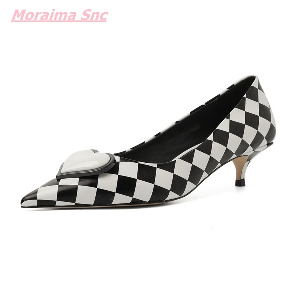 Office Women Shoes Shallow Love Pointed Toe Cover Thin Heel Genuine Leather Checkered Casual Sandals image 17
