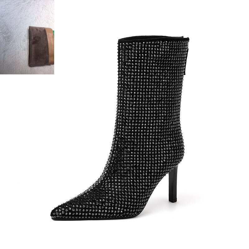 Women's Rhinestone High Heel Booties Fall Pointed Toe Mid Boots 8.5cm High Heel Black Rhinestone Side Zipper Boots Size 39 image 14