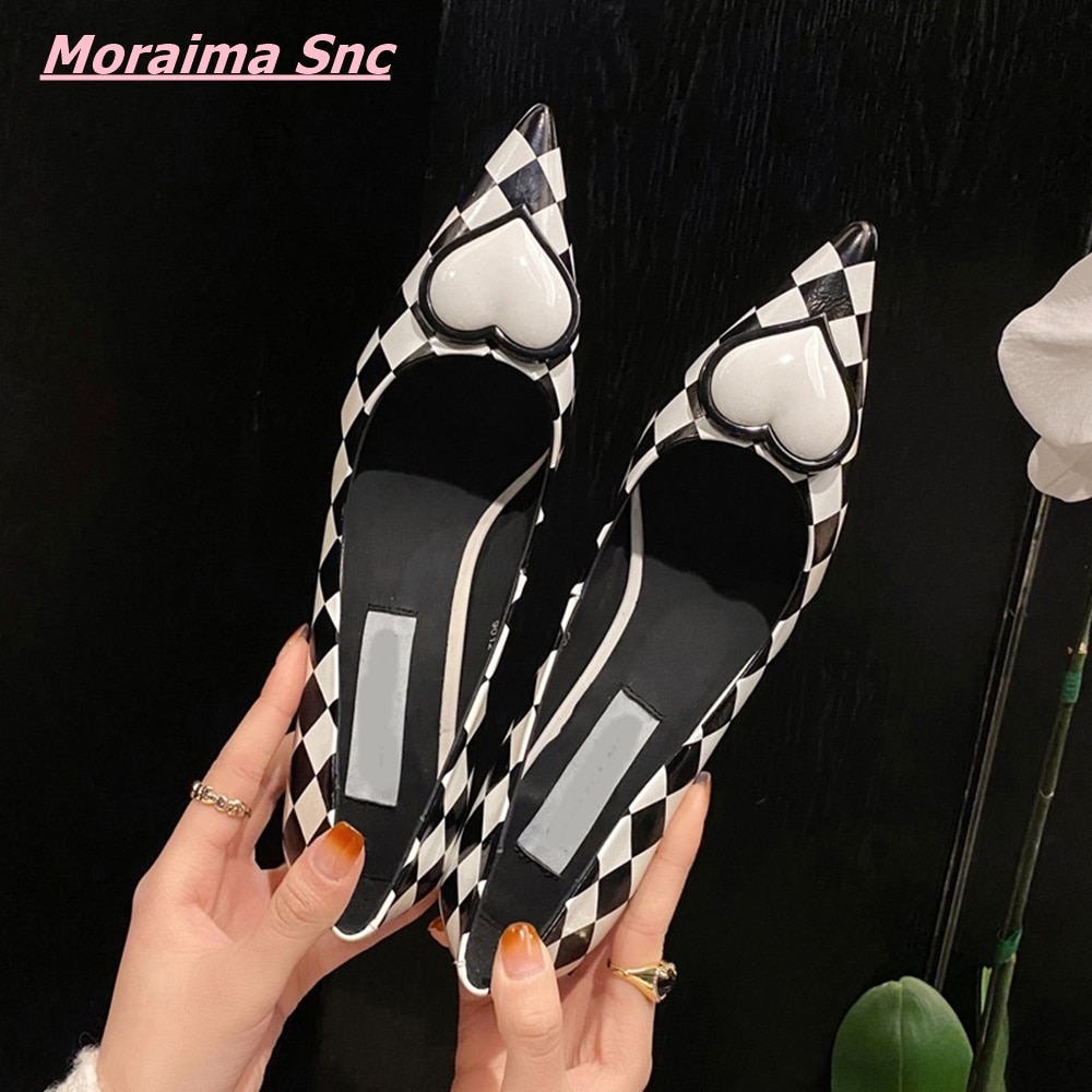 Office Women Shoes Shallow Love Pointed Toe Cover Thin Heel Genuine Leather Checkered Casual Sandals image 24