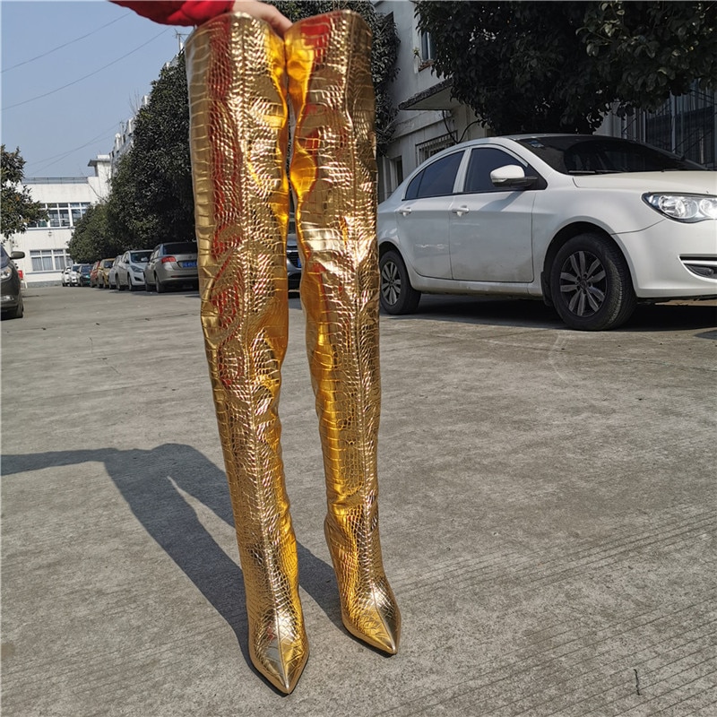 Women's Thigh High Boots Golden High Heel Demonia Boots Pointed Stiletto Crocodile Print Sexy Female Shoe image 15
