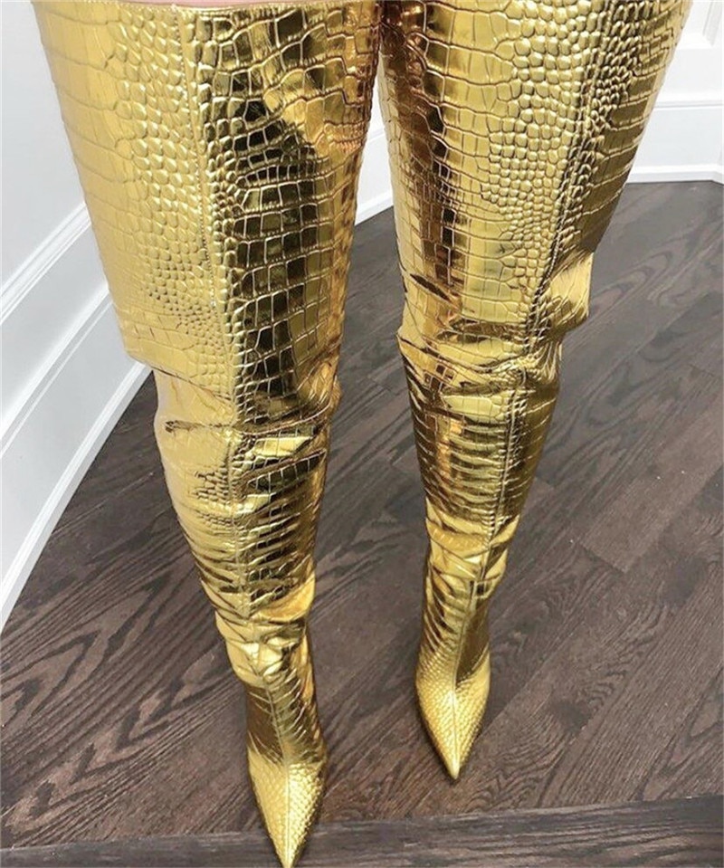 Women's Thigh High Boots Golden High Heel Demonia Boots Pointed Stiletto Crocodile Print Sexy Female Shoe image 17