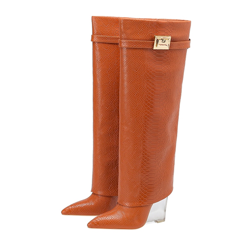 Metal Decoration Women's high boots Genuine Leather Slip-on Long Boots Pointed Toe High Heels Shoes for Women Boots image 13