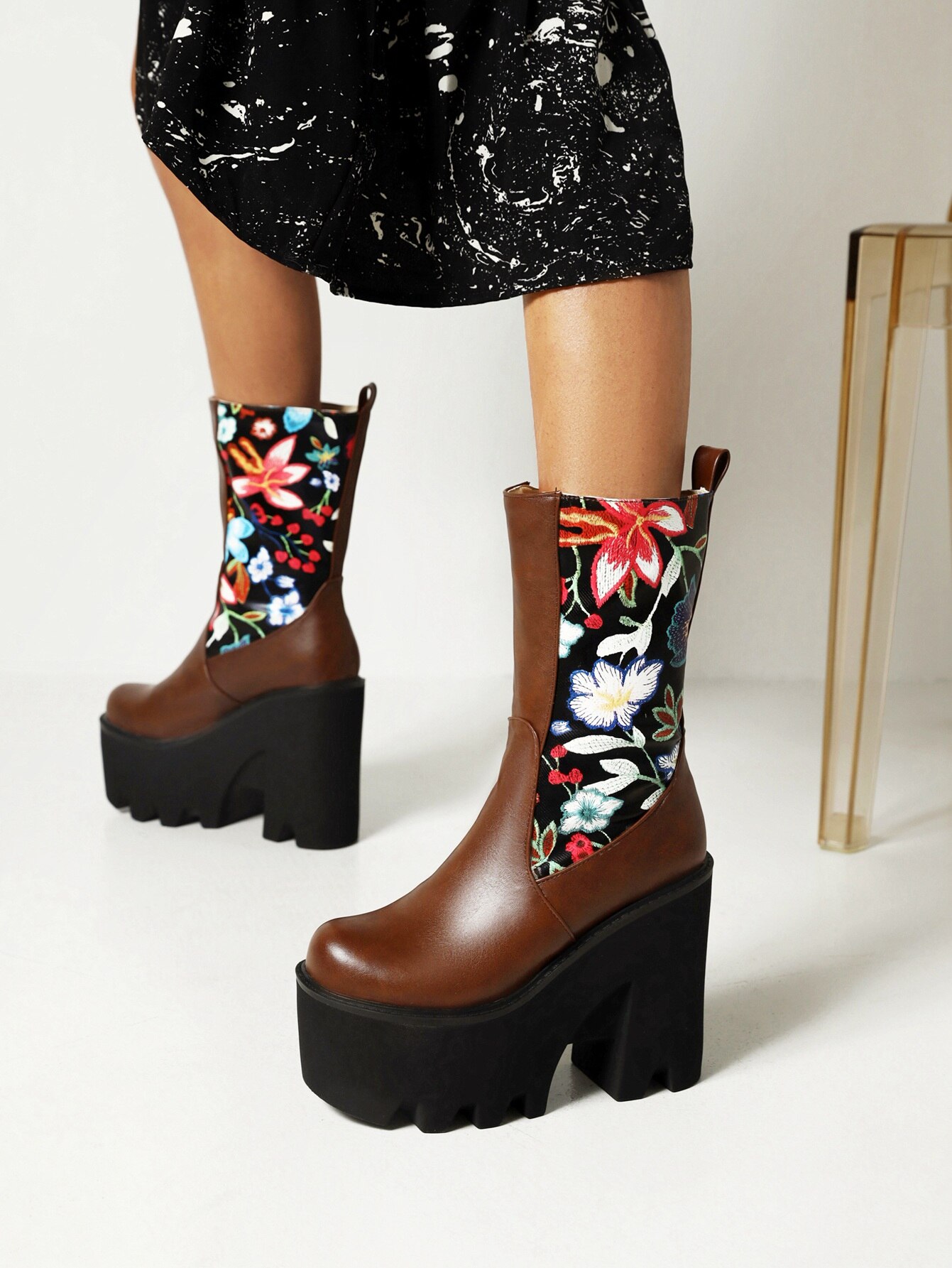 Knitted Embroidered Cloth Stitching PU Ethnic Women's Mid-Calf Boots Ultra High Platform Wedge Heel Heightened Warm Women's Boot