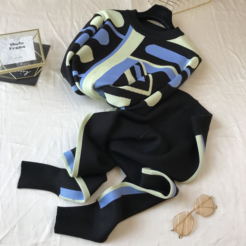 Spring Autumn New Camouflage Printing Knitted Pullover + Pants Suit 2piece Set Women Sweatsuits