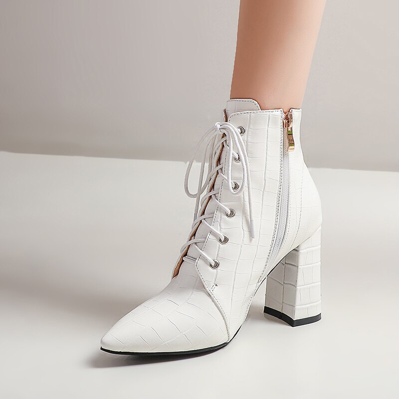 Cross Lace Super Thick Heel Pointed Stone Pattern Martin Boots Warm Plush Inner Sexy Street Women's Ankle Boots image 35