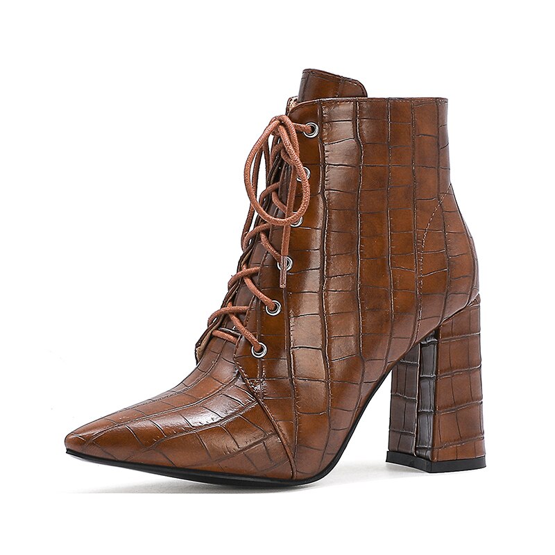 Cross Lace Super Thick Heel Pointed Stone Pattern Martin Boots Warm Plush Inner Sexy Street Women's Ankle Boots image 16