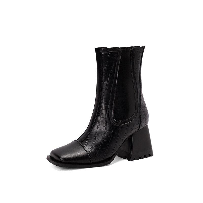Conical Thick Heel Flat Square Toe Chelsea Boots Stone Pattern Striped Color Matching Plush Inner Zipper Women's Shoes image 61