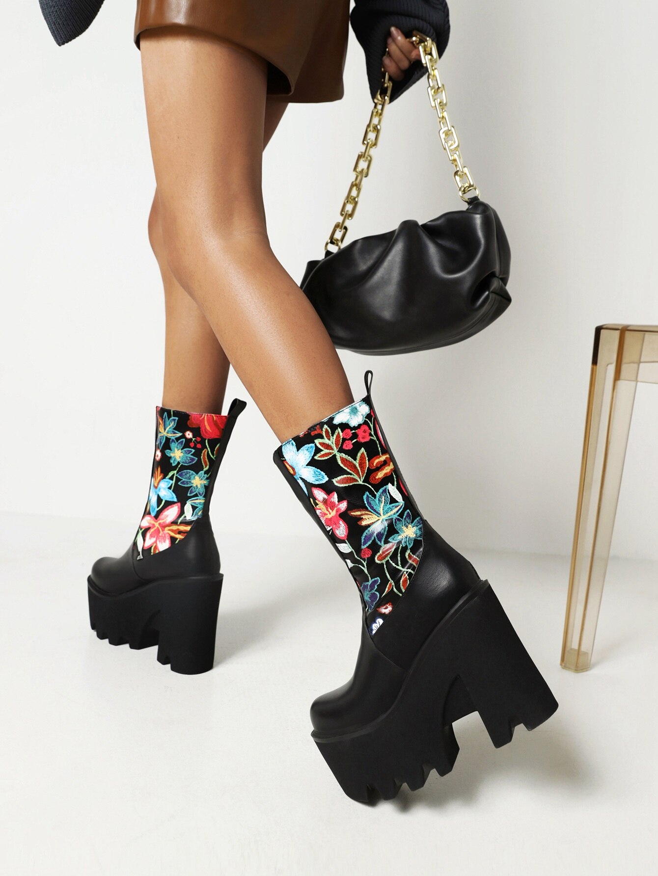 Knitted Embroidered Cloth Stitching PU Ethnic Women's Mid-Calf Boots Ultra High Platform Wedge Heel Heightened Warm Women's Boot image 29