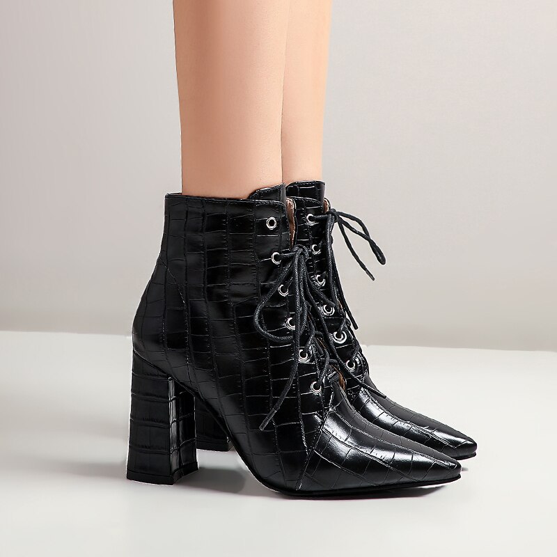 Cross Lace Super Thick Heel Pointed Stone Pattern Martin Boots Warm Plush Inner Sexy Street Women's Ankle Boots image 36