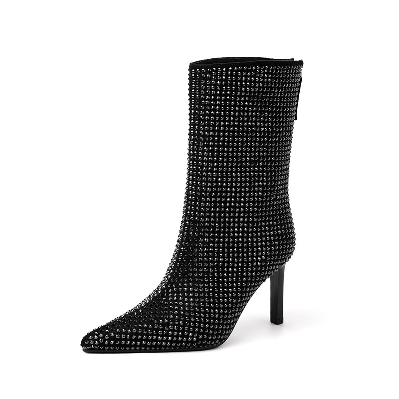 Women's Rhinestone High Heel Booties Fall Pointed Toe Mid Boots 8.5cm High Heel Black Rhinestone Side Zipper Boots Size 39 image 24