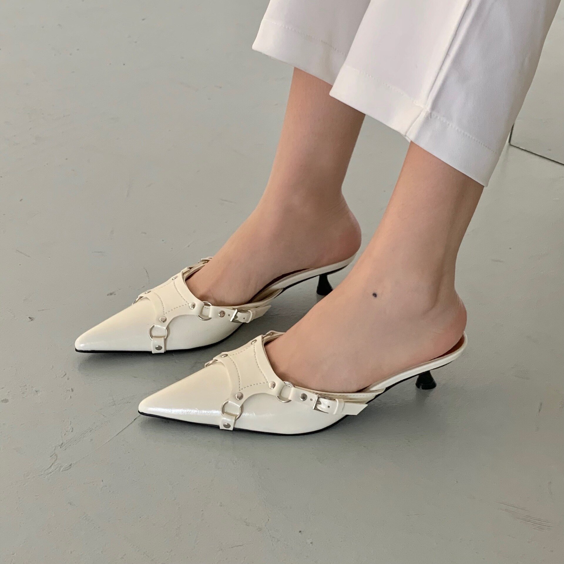Rivet High-Heeled Shoes Lady Woman's Slippers Slides Pointed Toe Low Cover Rome Basic PU Fabric image 22
