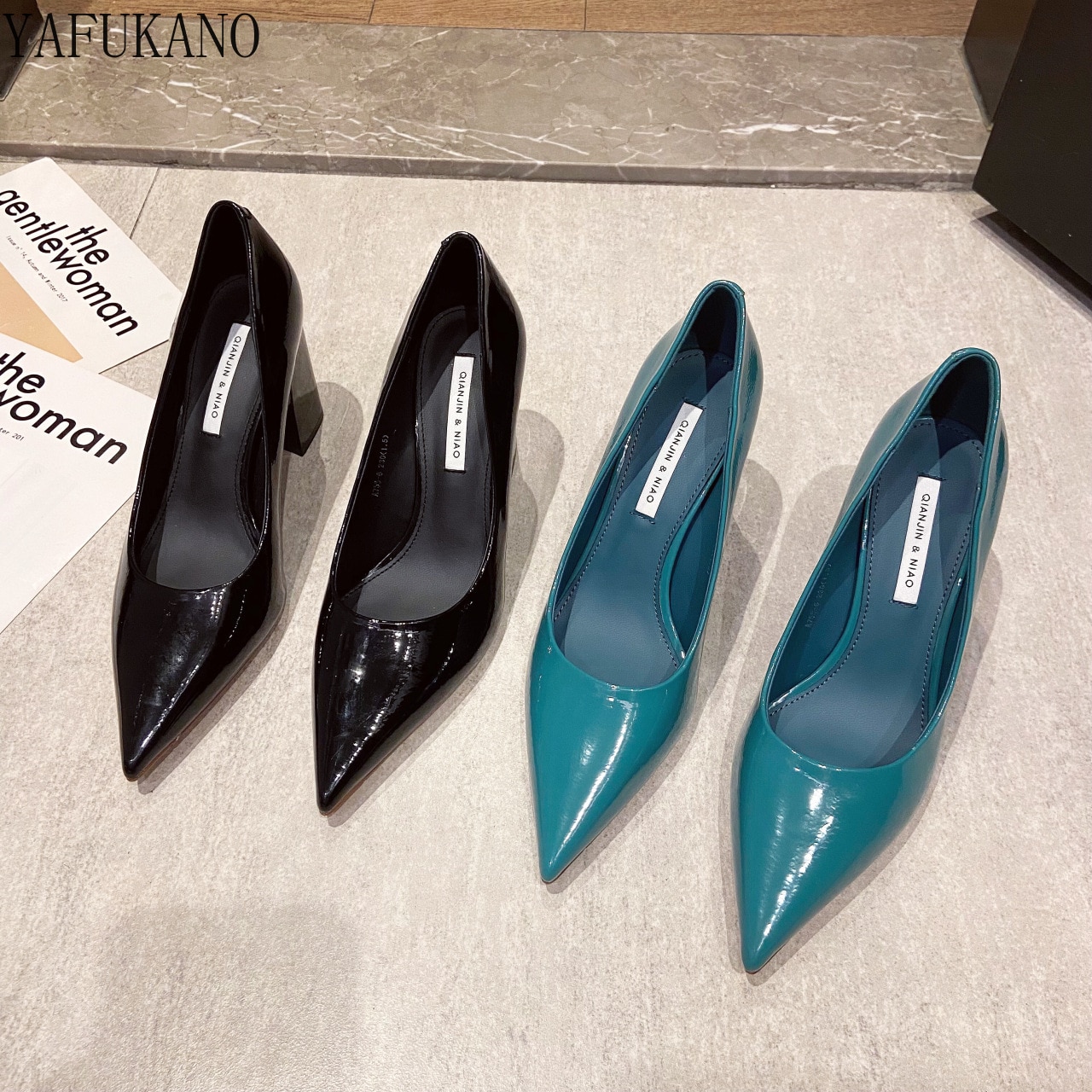 Fairy Lake Blue Spring And Summer Pointed Toe Shallow Mouth Patent Leather Thick Heel Professional Work Shoes image 17