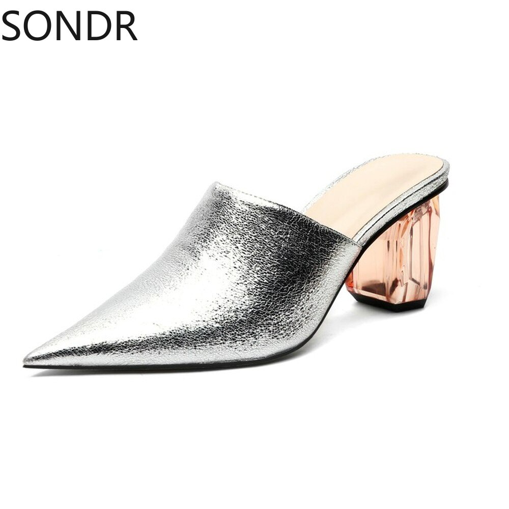 Womens Pointed Toe Leather Clear Stitching Snake Pattern Mules Crystal Heel Slippers Slides Shoes Sandals Summer image 48